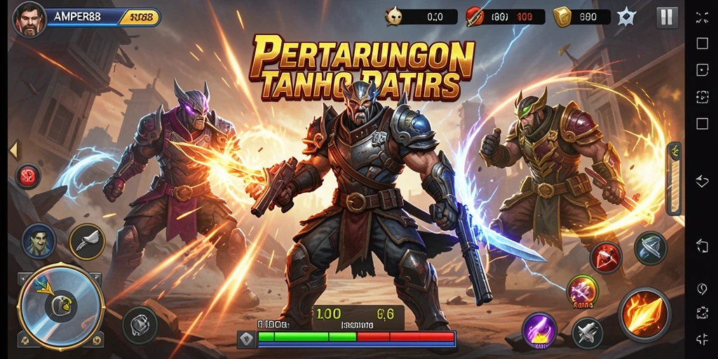 Tampilkan gameplay menarik AMPER88 dengan karakter bertarung.
