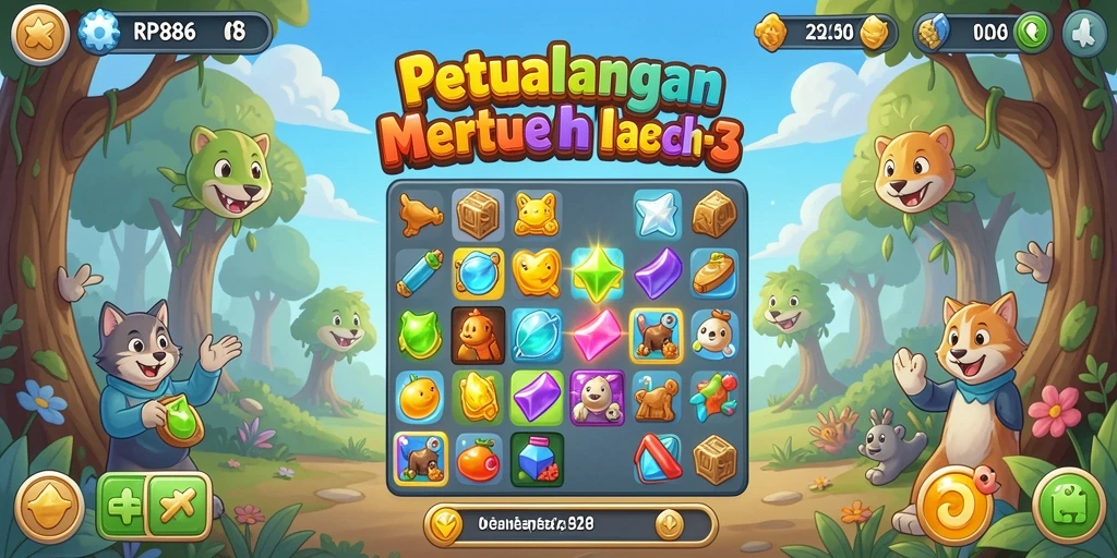 Screenshot utama RP886 menampilkan aksi Match-3 yang seru dan penuh warna.