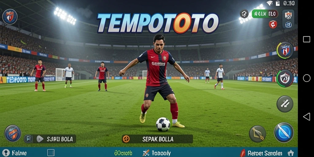 Tampilan screenshot TEMPOTOTO menampilkan aksi seru dalam permainan sepak bola.