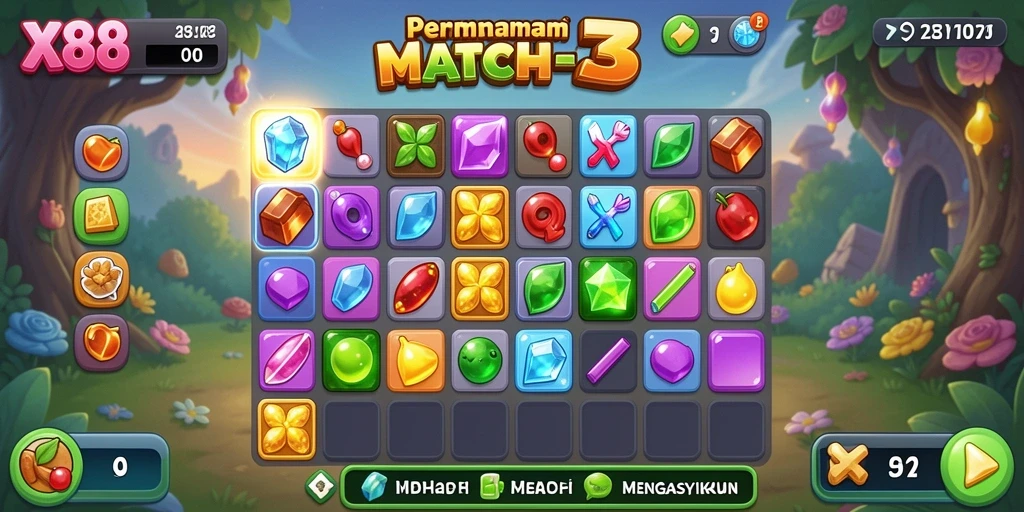 Tampilan menarik dari gameplay X88 Match-3 yang penuh warna.
